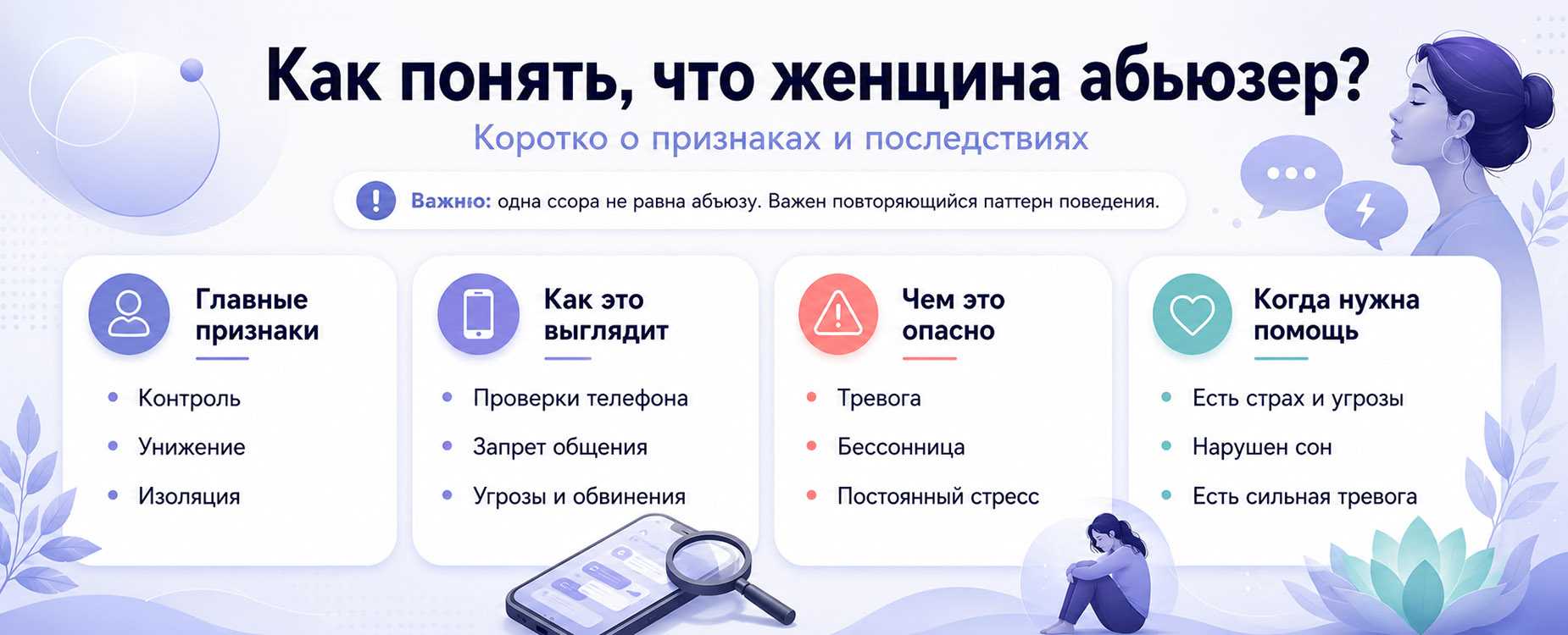 Инфографика с признаками женского абьюза и последствиями